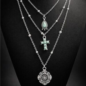 Western Turquoise Silver Multi-Layer Necklace with Mint Green Stone Accents